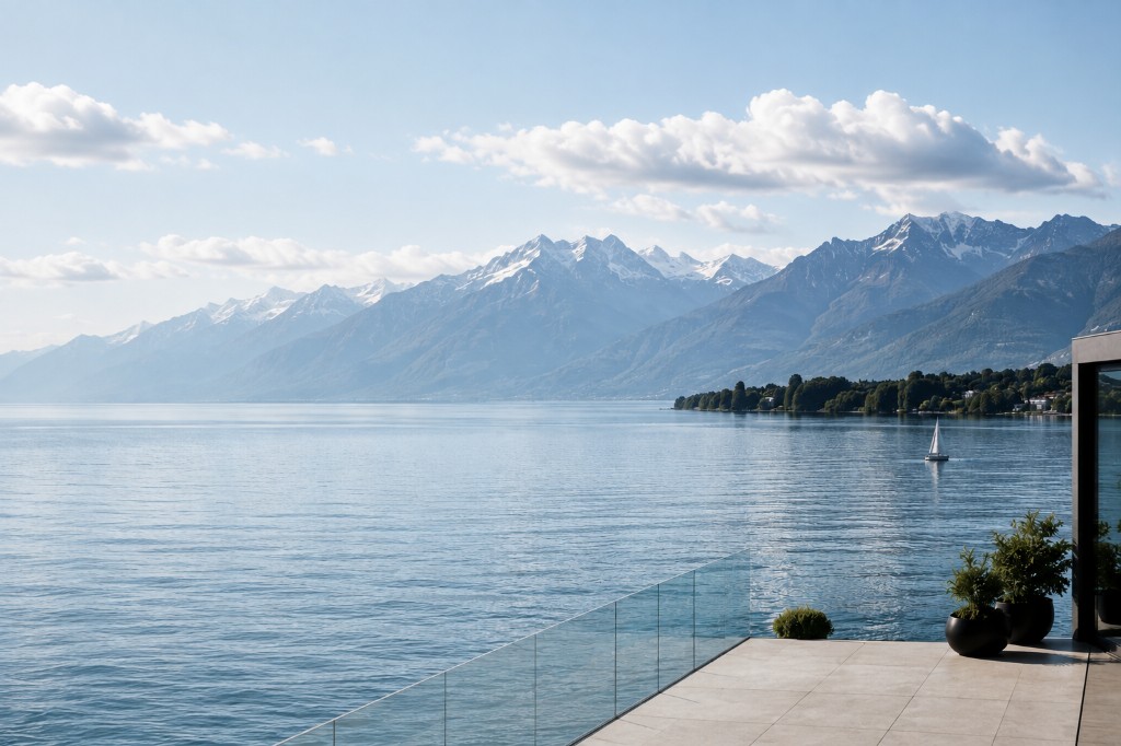 Terrazza con vista su un lago e montagne svizzere, con una barca a vela sull'acqua