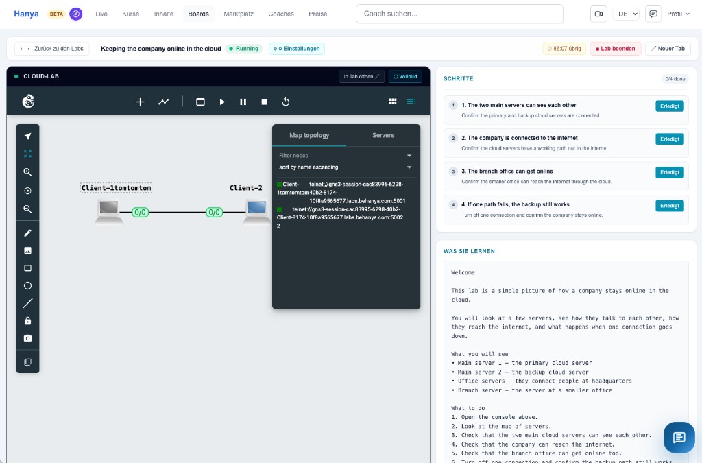 Browser-based network simulation lab running inside Hanya