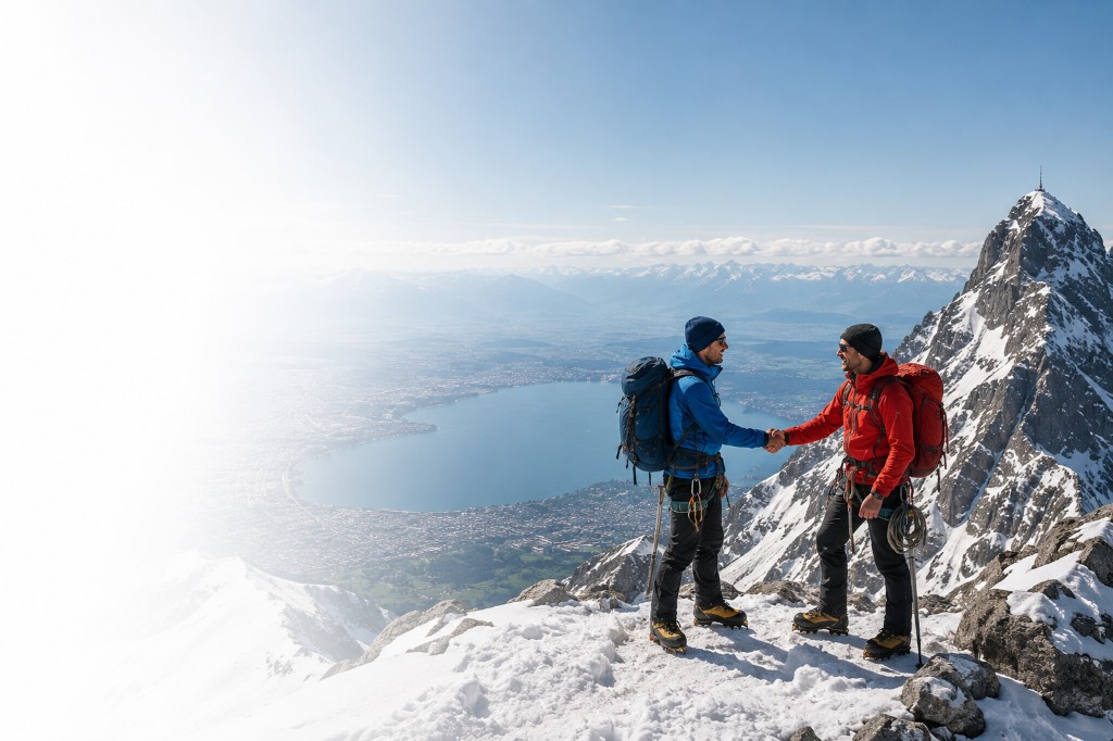 Two mountaineers shaking hands on a snowy ridge above a lake and city