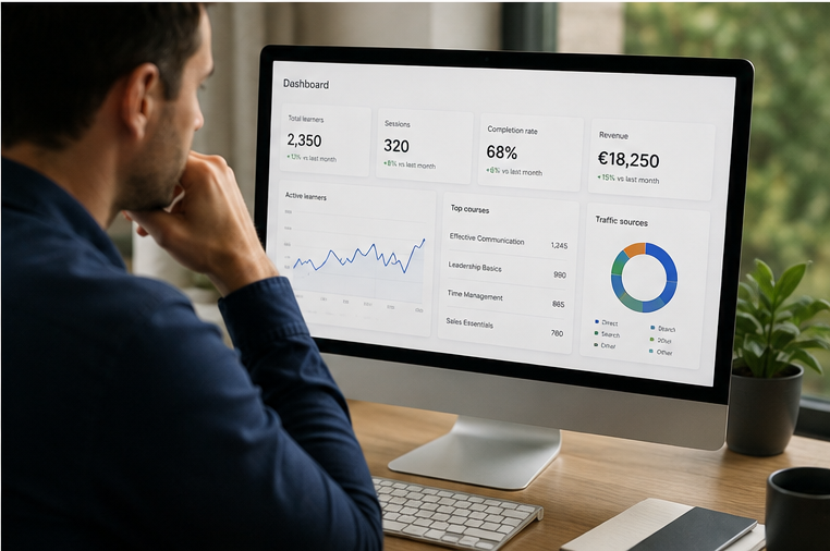 Reviewing learner and course analytics on a dashboard