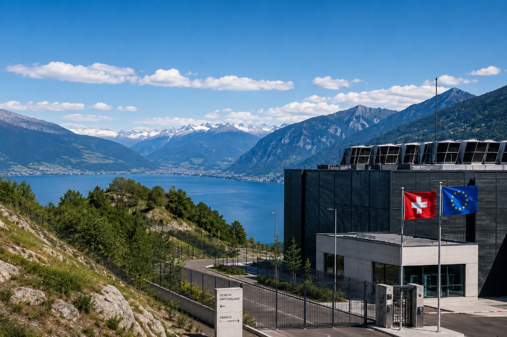 European data centre campus by a lake, with Swiss and EU flags