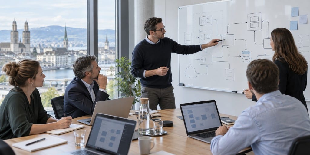 Team in a Zurich meeting room reviewing a software architecture on a whiteboard