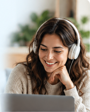 Customer with headphones working on a laptop