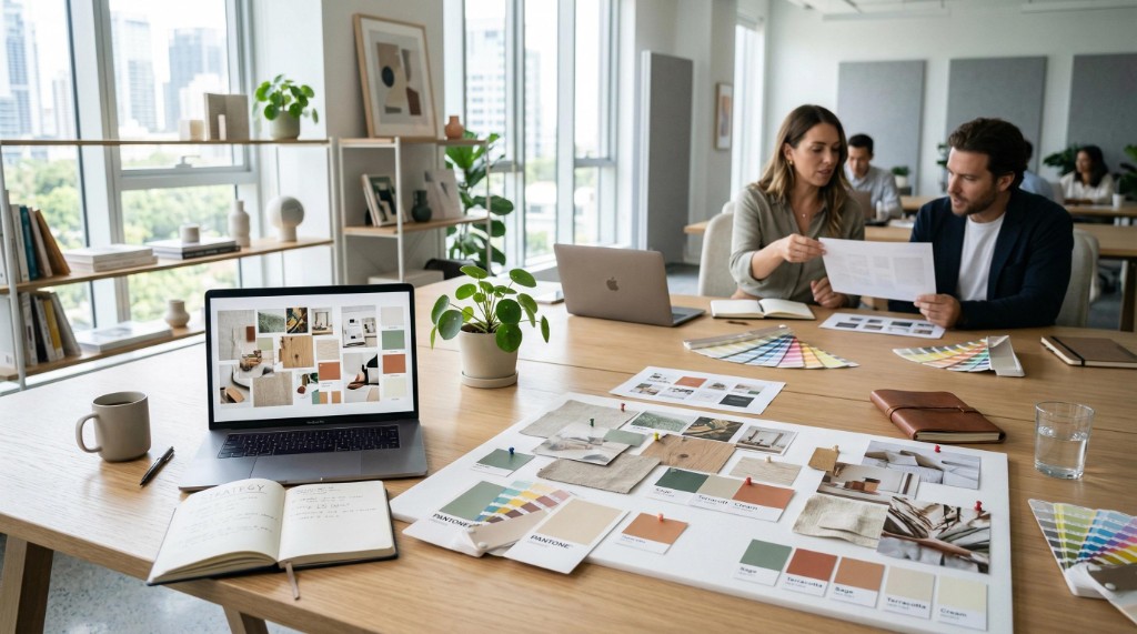 Workshop di branding con palette colori, moodboard e un team che definisce l'identità visiva