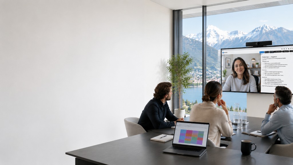 Aula di formazione con vista sul lago, un team che collabora intorno a un tavolo