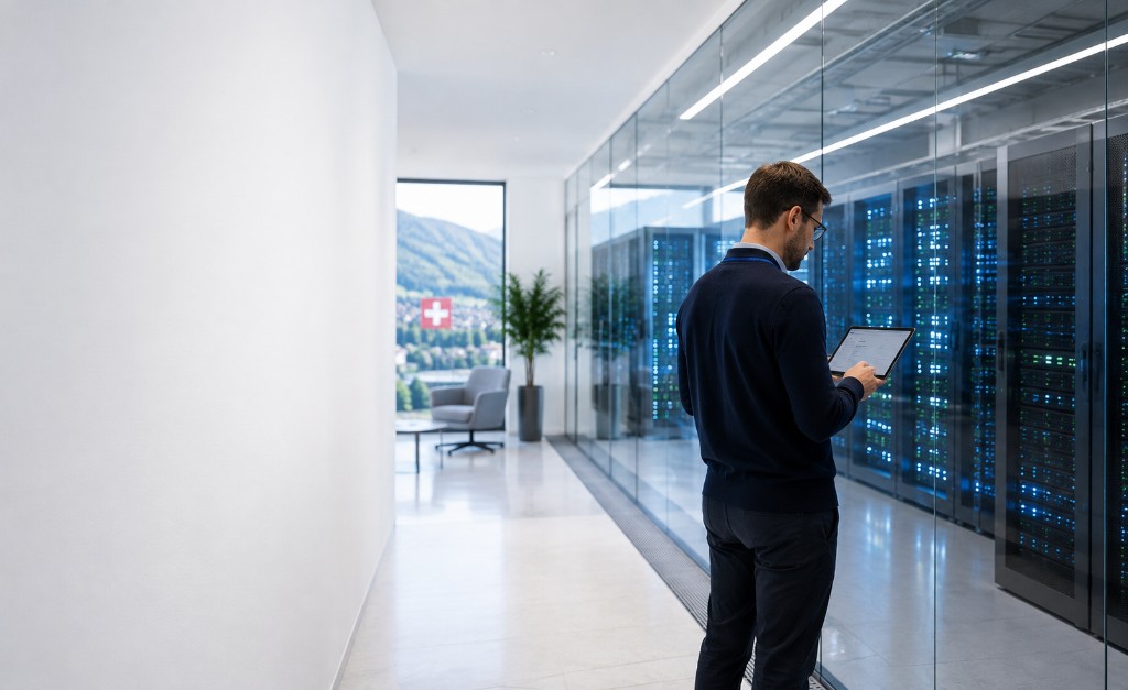 Tecnico che consulta un tablet accanto a rack di server in un data centre europeo