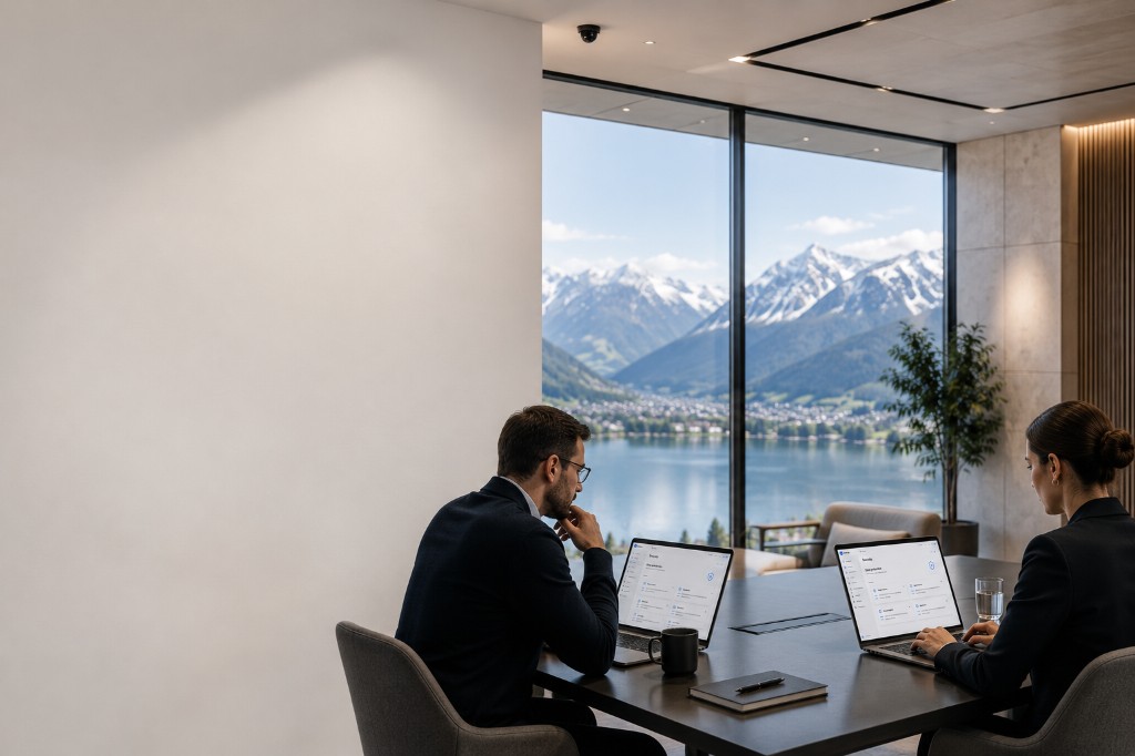Two colleagues working on laptops in an office overlooking a mountain lake